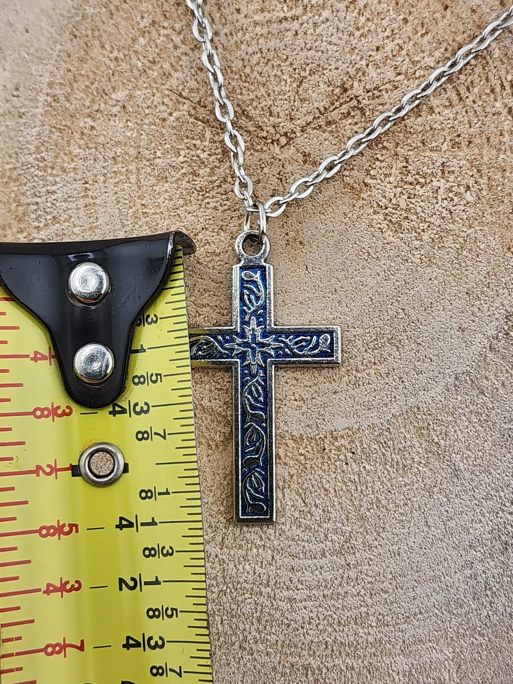 20in Silver Tone  Cross Pendant Necklace with Blue Enamel Inlay - 0544
